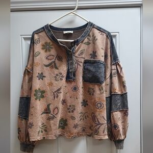 Easel Floral Button-Front Pullover in Beige and Washed Black Paid $68 Never Worn
